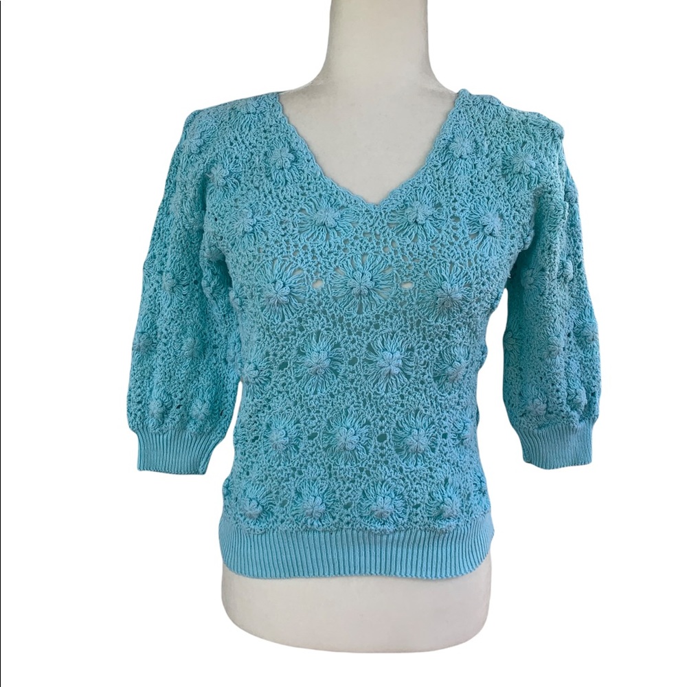 Vintage Kyouko Design Studio Open Knit 3/4 Sleeve Sweater Baby Blue